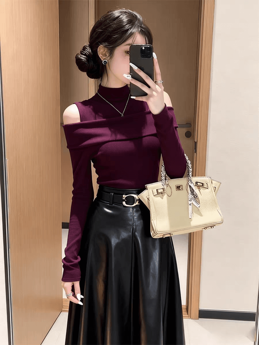순수한 욕망 오프숄더 단색 반하이넥 몸매 가꾸기 슬림해 보이는 스웨터 니트 스웨터 여성 가을 겨울 새로운 핫걸 섹시함 맨위 트렌디 이미지 2