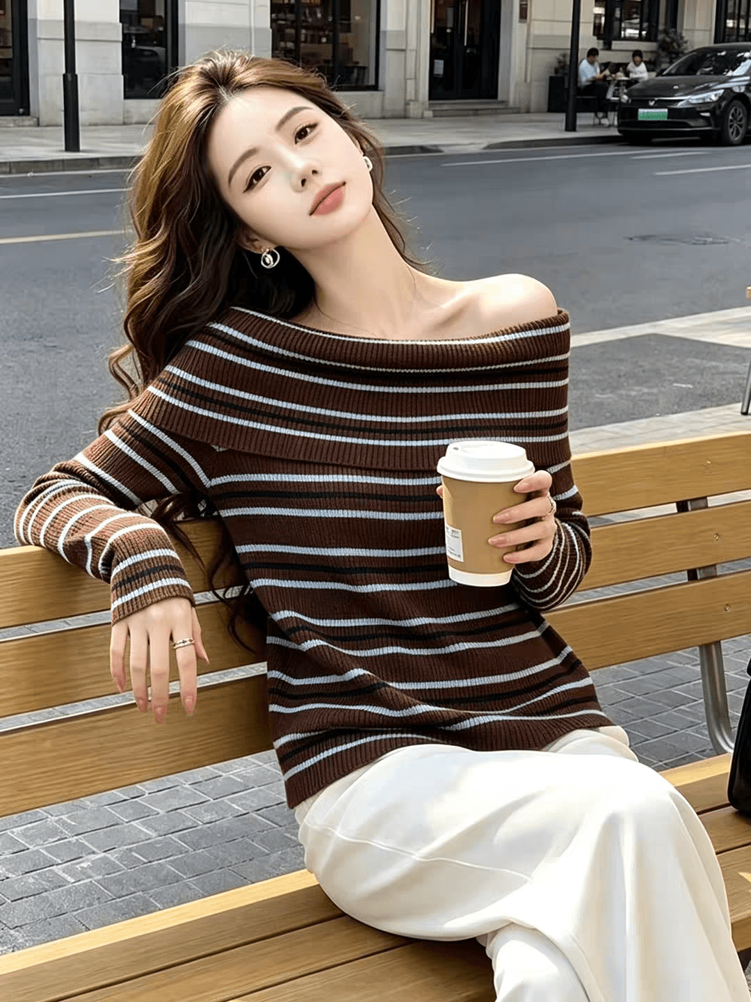 순수한 욕망 배색 스트라이프 보트넥 오프숄더 니트 스웨터 여성 가을 새로운 한 부서 핫걸 분위기 센스 착용 잡아라. 의류