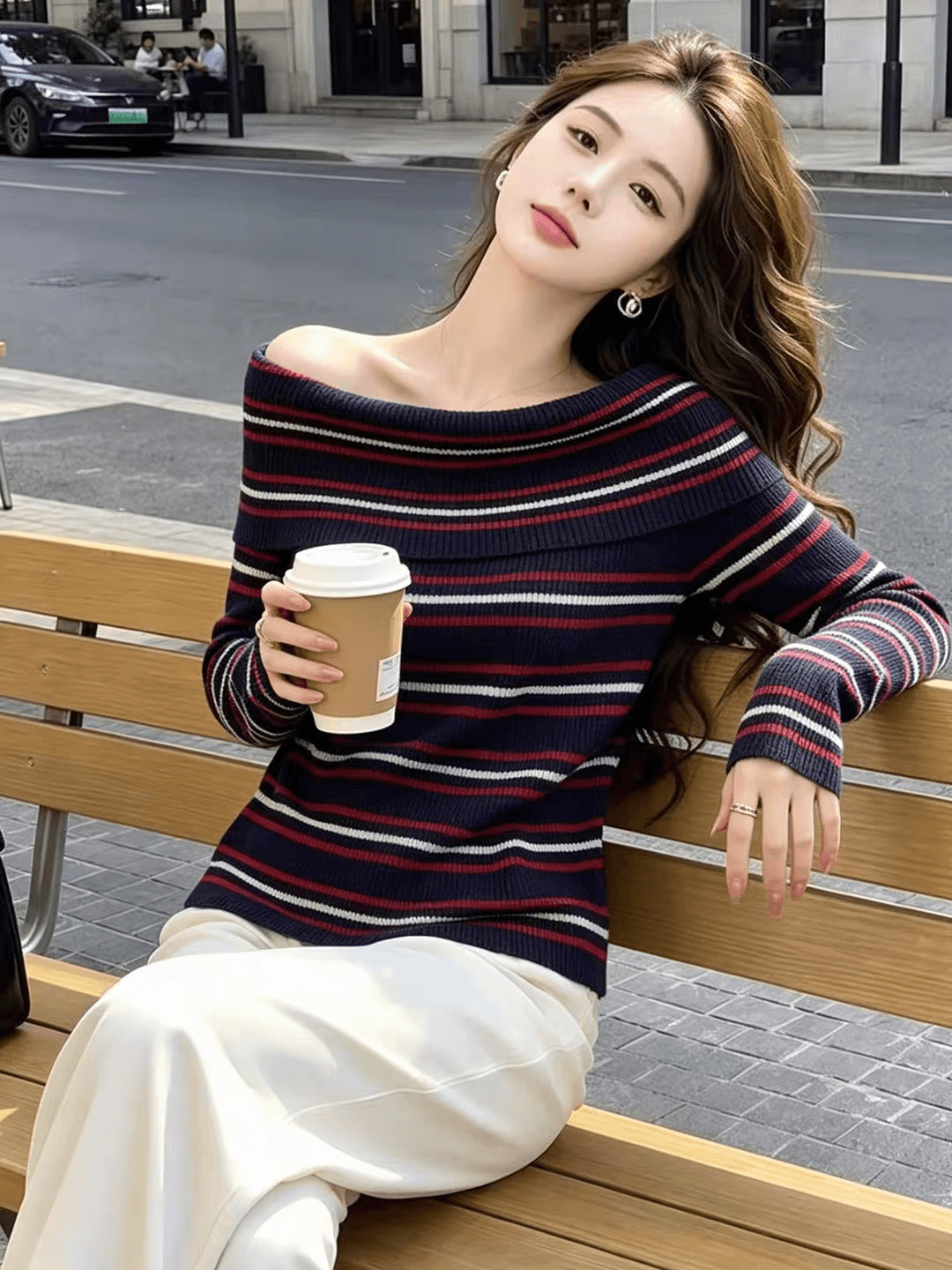 순수한 욕망 배색 스트라이프 보트넥 오프숄더 니트 스웨터 여성 가을 새로운 한 부서 핫걸 분위기 센스 착용 잡아라. 의류 상세 이미지 3