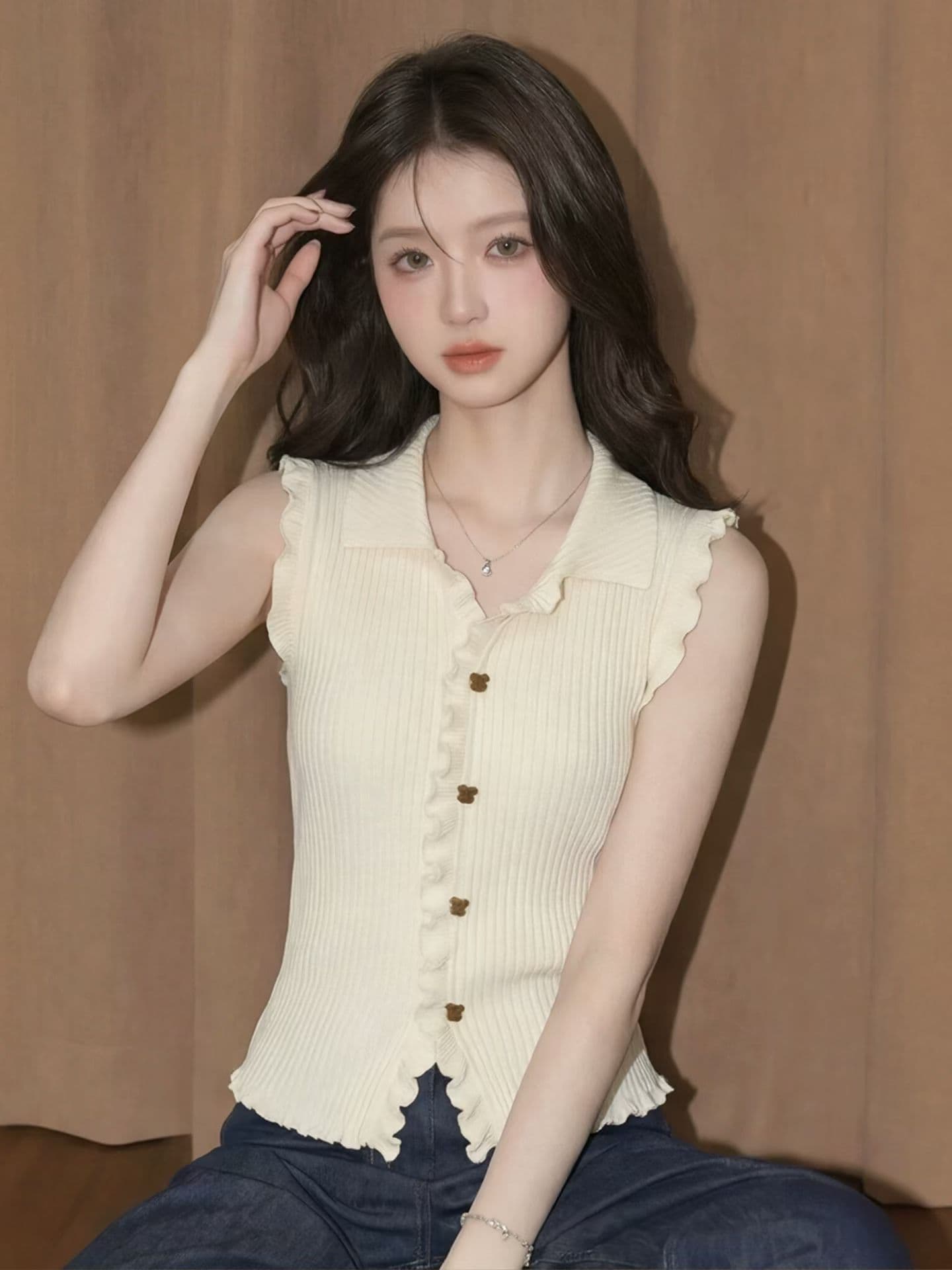 프랑스식 레이스 니트 조끼 여성 민소매 폴로 칼라 단추 맨위 살구 색상 다용도 슬림해 보이는 인사이드 가져 가라. 상세 이미지 1