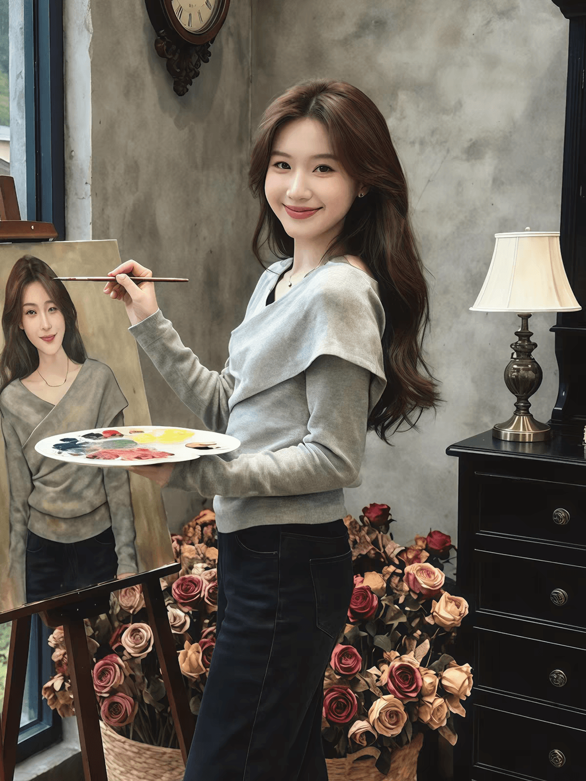 회색 불규칙 십자가 V넥 긴팔 니트 스웨터 여성 가을 겨울 인사이드 가져 가라. 스웨터 핫걸 바람 허리 수축 만나는 맨위 이미지 2