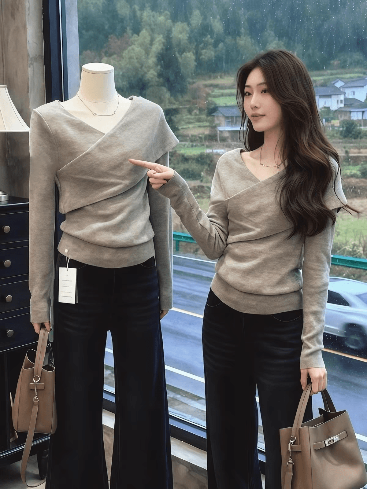 회색 불규칙 십자가 V넥 긴팔 니트 스웨터 여성 가을 겨울 인사이드 가져 가라. 스웨터 핫걸 바람 허리 수축 만나는 맨위 상세 이미지 1