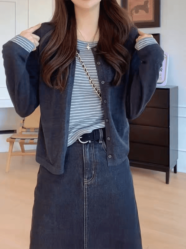 페이크 레이어드 스트라이프 니트 오픈 가디건 긴팔 가을 2026 새로운 빅 사이즈 지방 mm 디자인 센스 연령 감소 만나는 맨위 상세 이미지 2