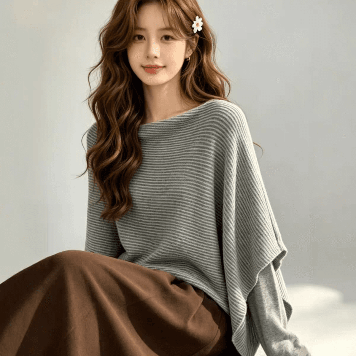 품격 부드러운 디자인 센스 숄 페이크 레이어드 니트 스웨터 여성 가을 새로운 이른 가을 새로운 단색 긴팔 맨위 이미지 5