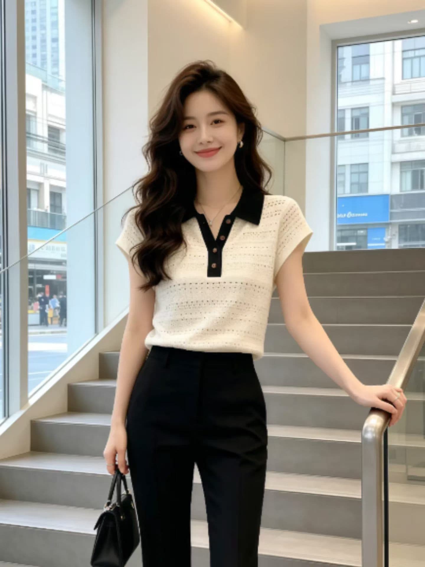 여름 새로운 한 부서 패션 품격 고급 슬림해 보이는 폴로 칼라 반팔 니트 티셔츠 홀로우 아웃 맨위 여성 의류 폭발 이미지 4