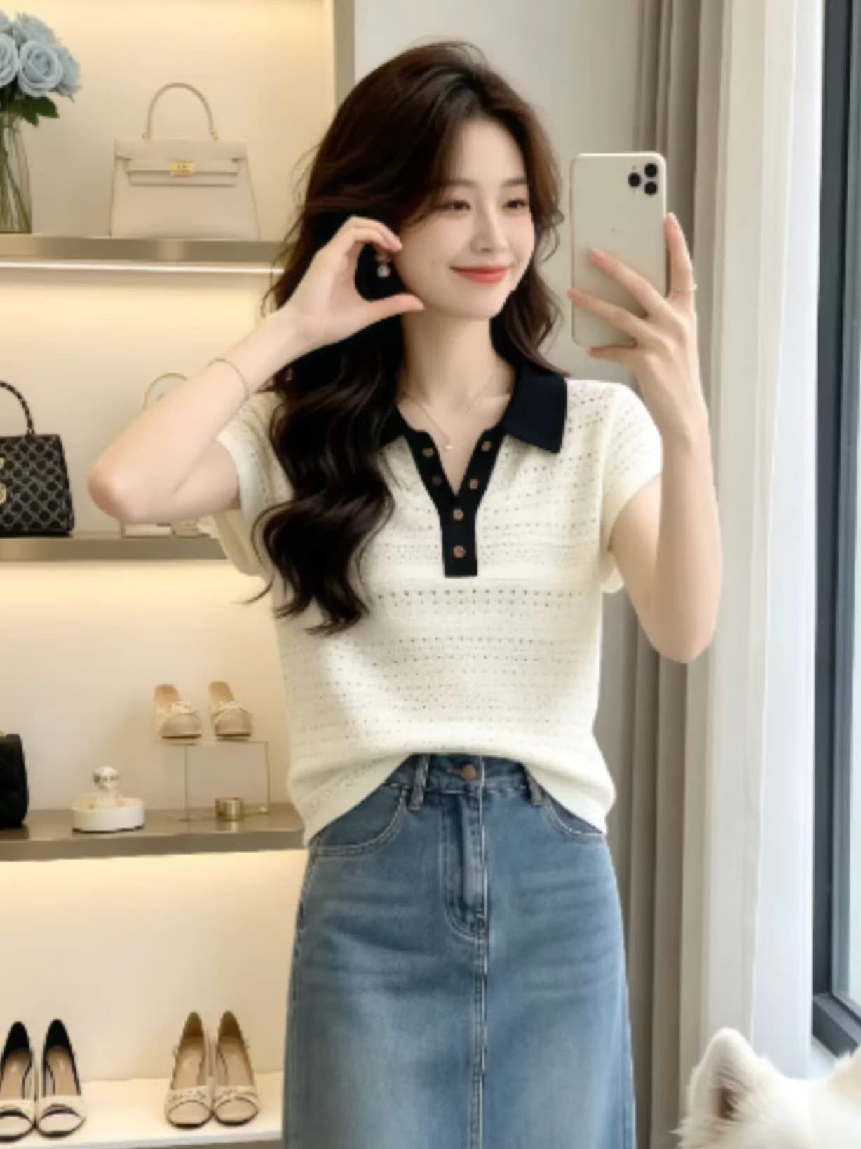 빛 요리 한 바람 배색 폴로 칼라 홀로우 아웃 반팔 니트 스웨터 여성 여름 세련된 착용 가져 가라. 품격 연령 감소 고급 센스 맨위 이미지 2