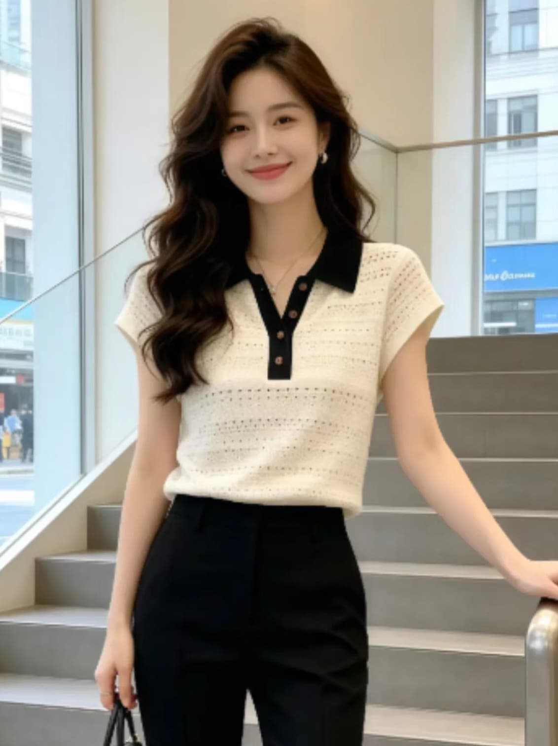 빛 요리 한 바람 배색 폴로 칼라 홀로우 아웃 반팔 니트 스웨터 여성 여름 세련된 착용 가져 가라. 품격 연령 감소 고급 센스 맨위 상세 이미지 3