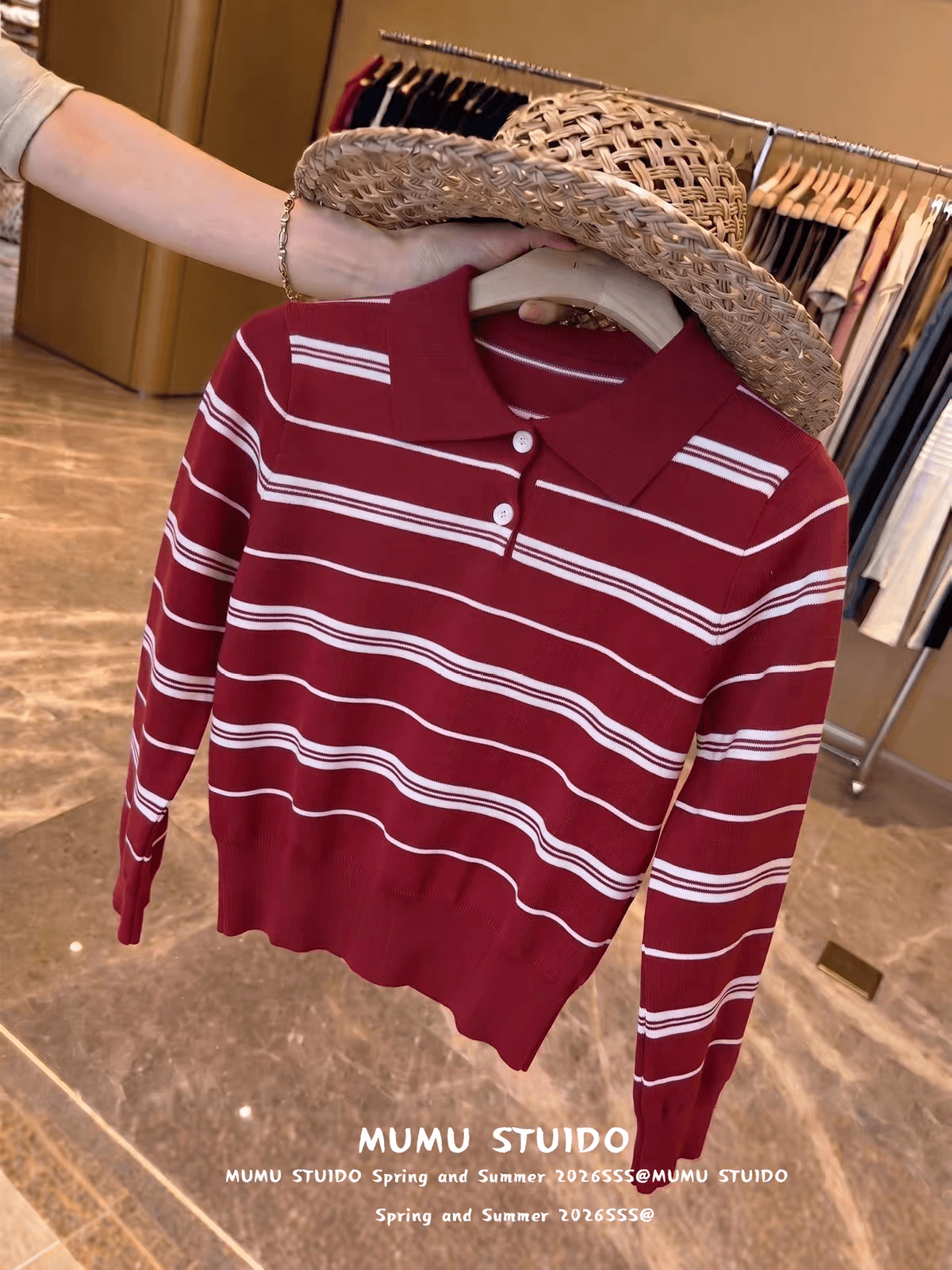 빨간색 스트라이프 POLO 칼라 긴팔 니트 스웨터 가을 의상 여자 조기 가을 몸매 가꾸기 슬림해 보이는 품격 여성 맨위 서비스 이미지 3