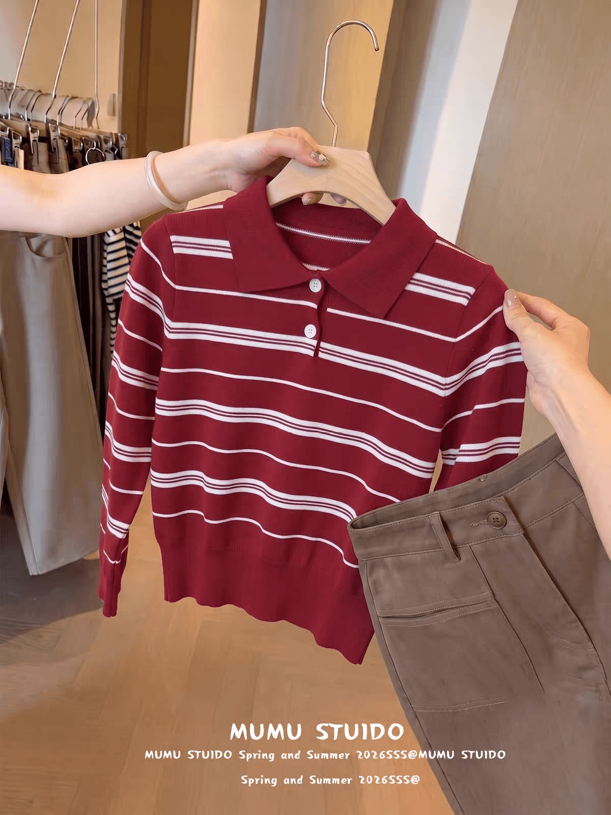 빨간색 스트라이프 POLO 칼라 긴팔 니트 스웨터 가을 의상 여자 조기 가을 몸매 가꾸기 슬림해 보이는 품격 여성 맨위 서비스 상세 이미지 1