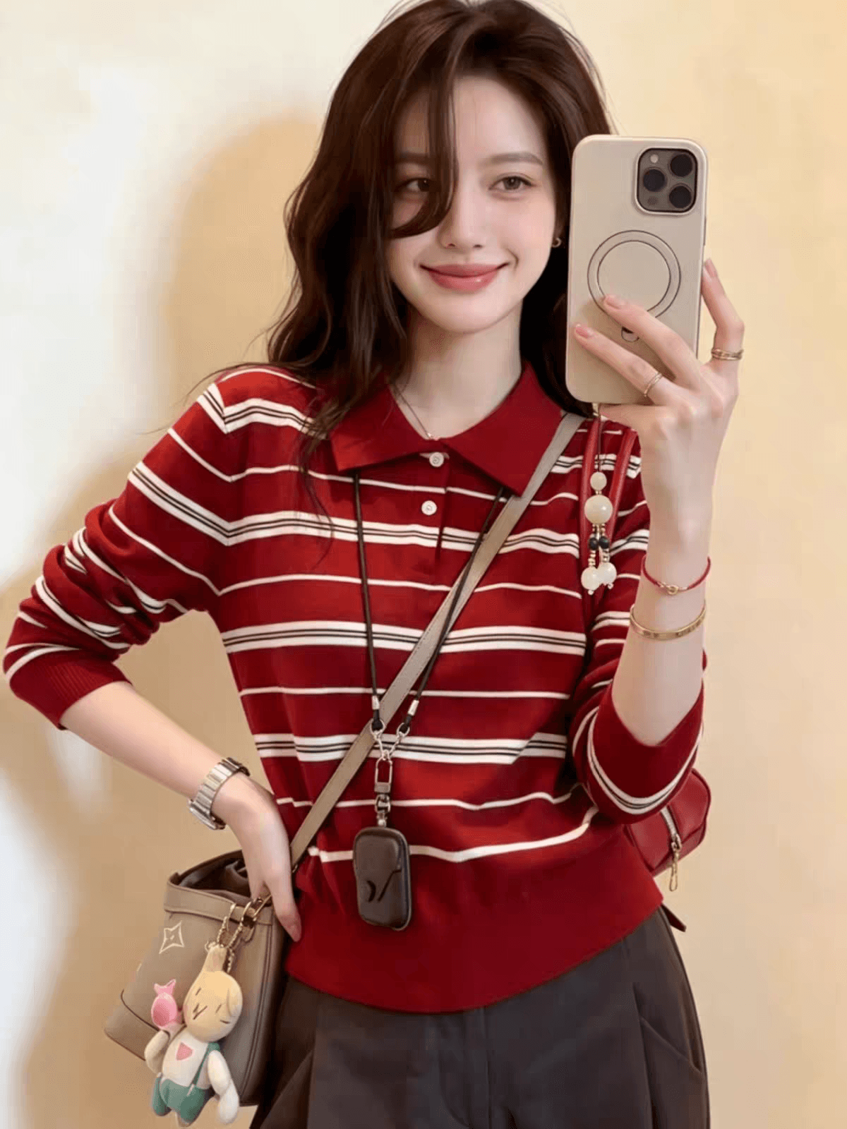 빨간색 스트라이프 POLO 칼라 긴팔 니트 스웨터 가을 의상 여자 조기 가을 몸매 가꾸기 슬림해 보이는 품격 여성 맨위 서비스 상세 이미지 4
