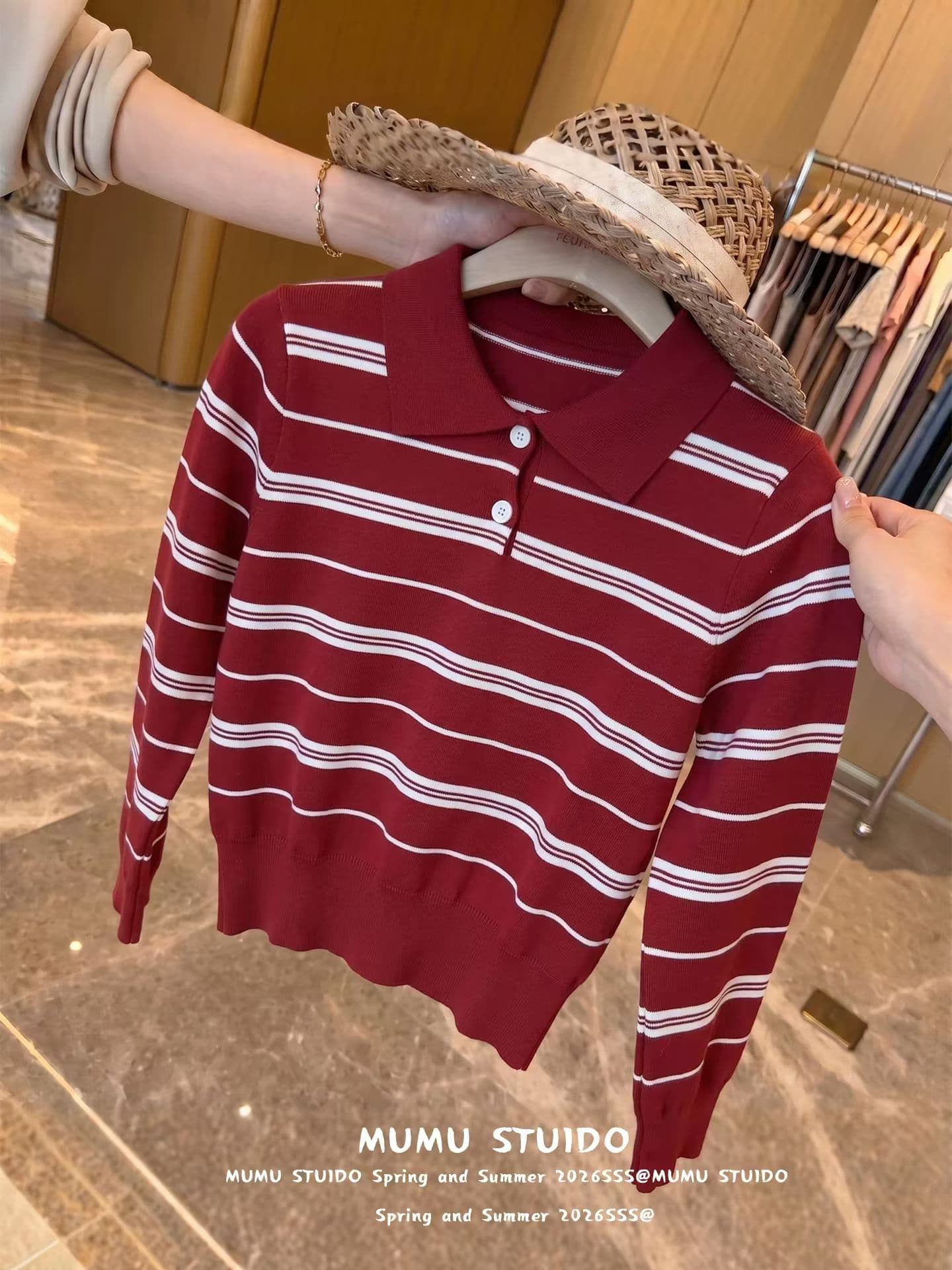 빨간색 스트라이프 POLO 칼라 긴팔 니트 스웨터 가을 의상 여자 조기 가을 몸매 가꾸기 슬림해 보이는 품격 여성 맨위 서비스 상세 이미지 5