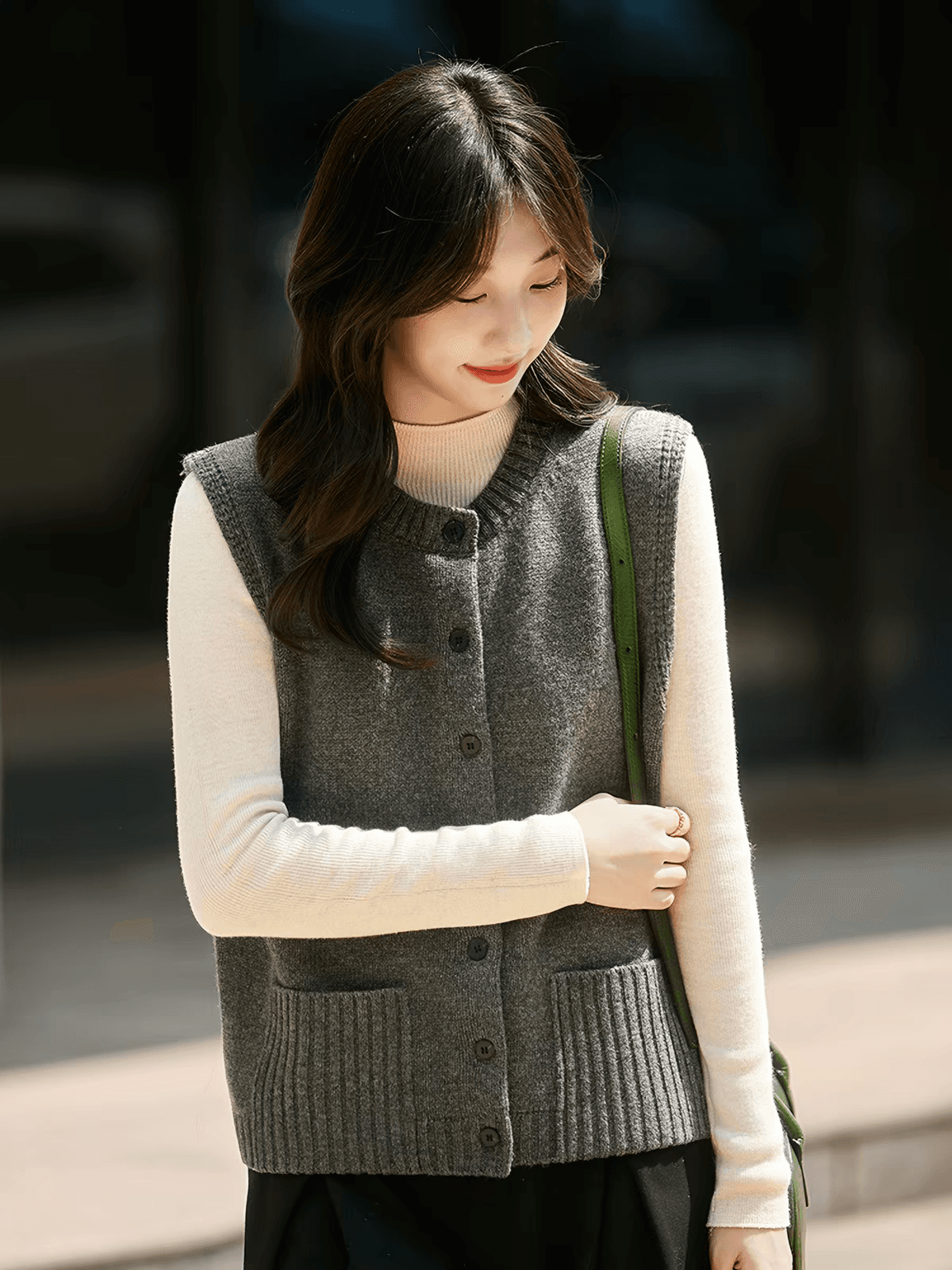 고급 회색 순양모 니트 조끼 여자 오픈 가디건 2026 새로운 스택 착용 만나는 인사이드 가져 가라. 민소매 스웨터 어깨 트렌디 상세 이미지 1