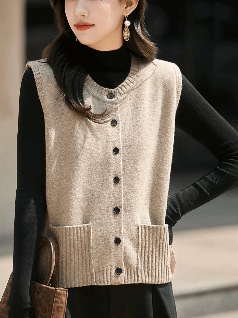 고급 회색 순양모 니트 조끼 여자 오픈 가디건 2026 새로운 스택 착용 만나는 인사이드 가져 가라. 민소매 스웨터 어깨 트렌디 상세 이미지 3