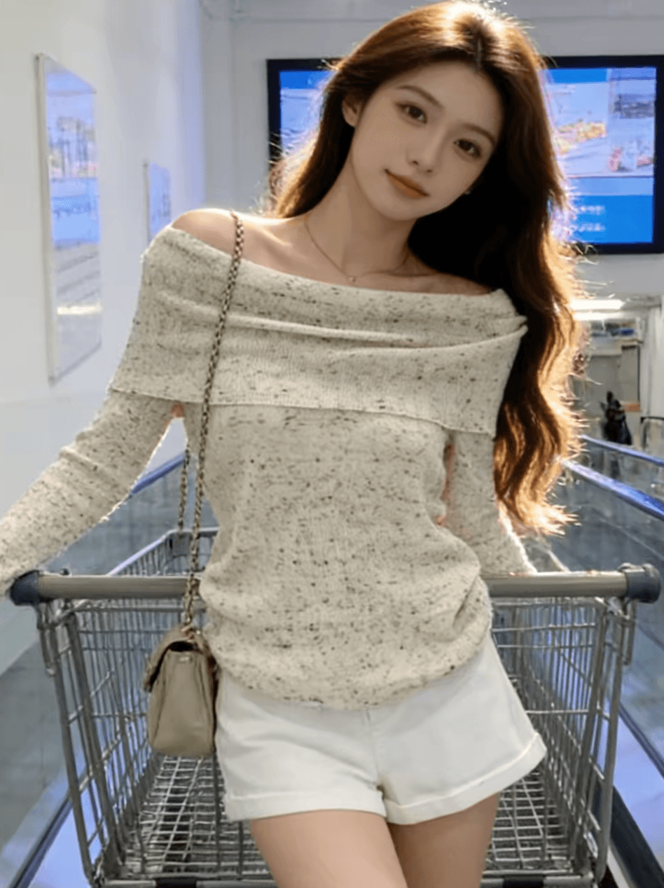 miu 인사이드 miu 가스 오프숄더 긴팔 니트 스웨터 여성 2026 봄 새로운 프랑스식 외국 가스 오프숄더 맨위