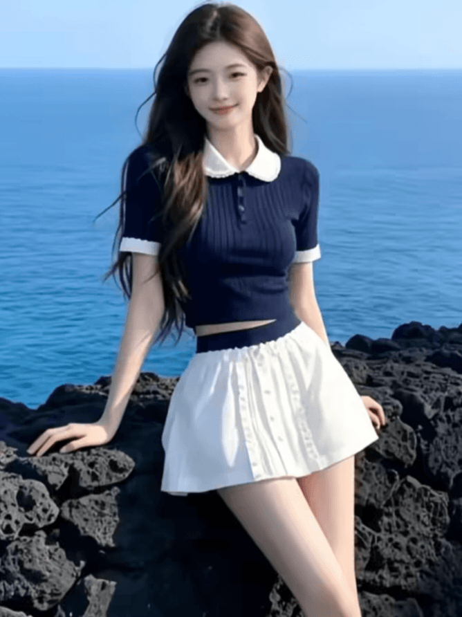 학원 스타일 레이스 베이비 칼라 긍정적 인 어깨 니트 반팔 티셔츠 여성 여름 블루 색상 몸매 가꾸기 작은 맨위 이미지 2