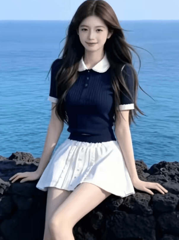 학원 스타일 레이스 베이비 칼라 긍정적 인 어깨 니트 반팔 티셔츠 여성 여름 블루 색상 몸매 가꾸기 작은 맨위 이미지 4
