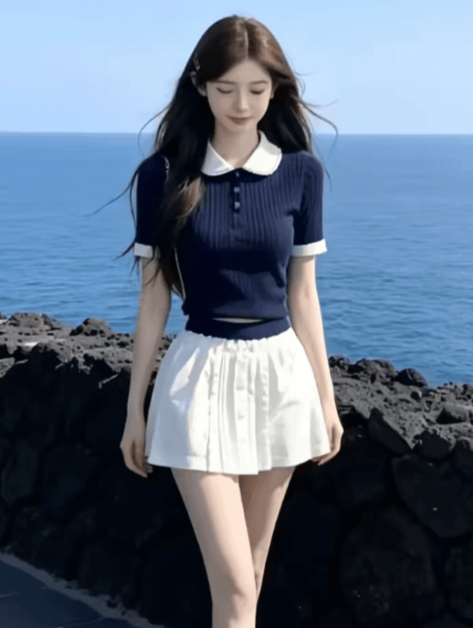 학원 스타일 레이스 베이비 칼라 긍정적 인 어깨 니트 반팔 티셔츠 여성 여름 블루 색상 몸매 가꾸기 작은 맨위 상세 이미지 3
