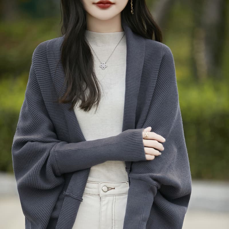 실사 순양모 오픈 가디건 여성 고치형 니트 숄 루즈핏 외부 가져 가라. 배트윙 소매 망토 스웨터 코트 상세 이미지 1