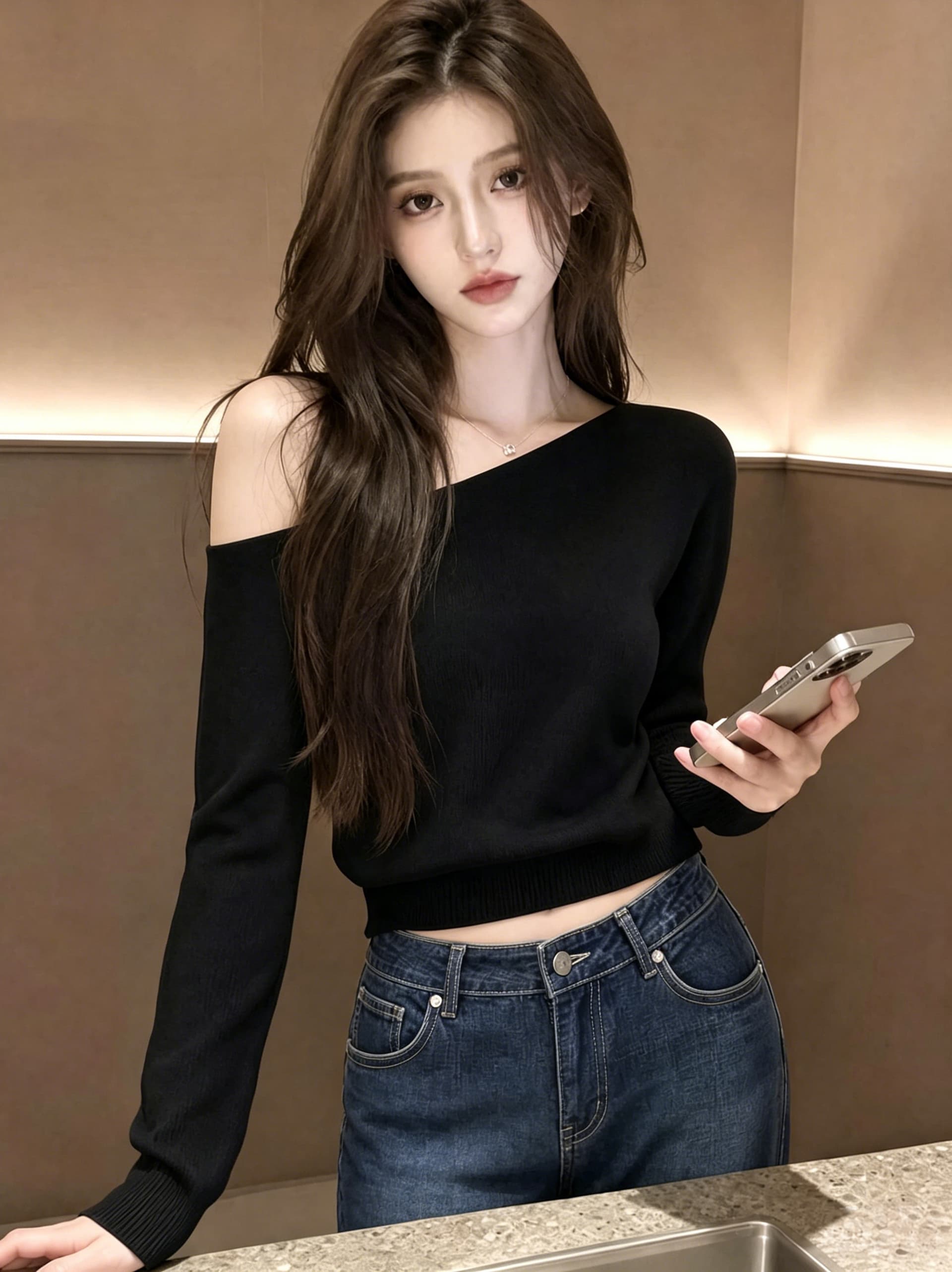 프랑스식 품격 세련된 디자인 센스 2026 가을 새로운 고유 한 자이언트 잘 생긴 검정색 비스듬한 어깨 긴팔 맨위 여성 의류