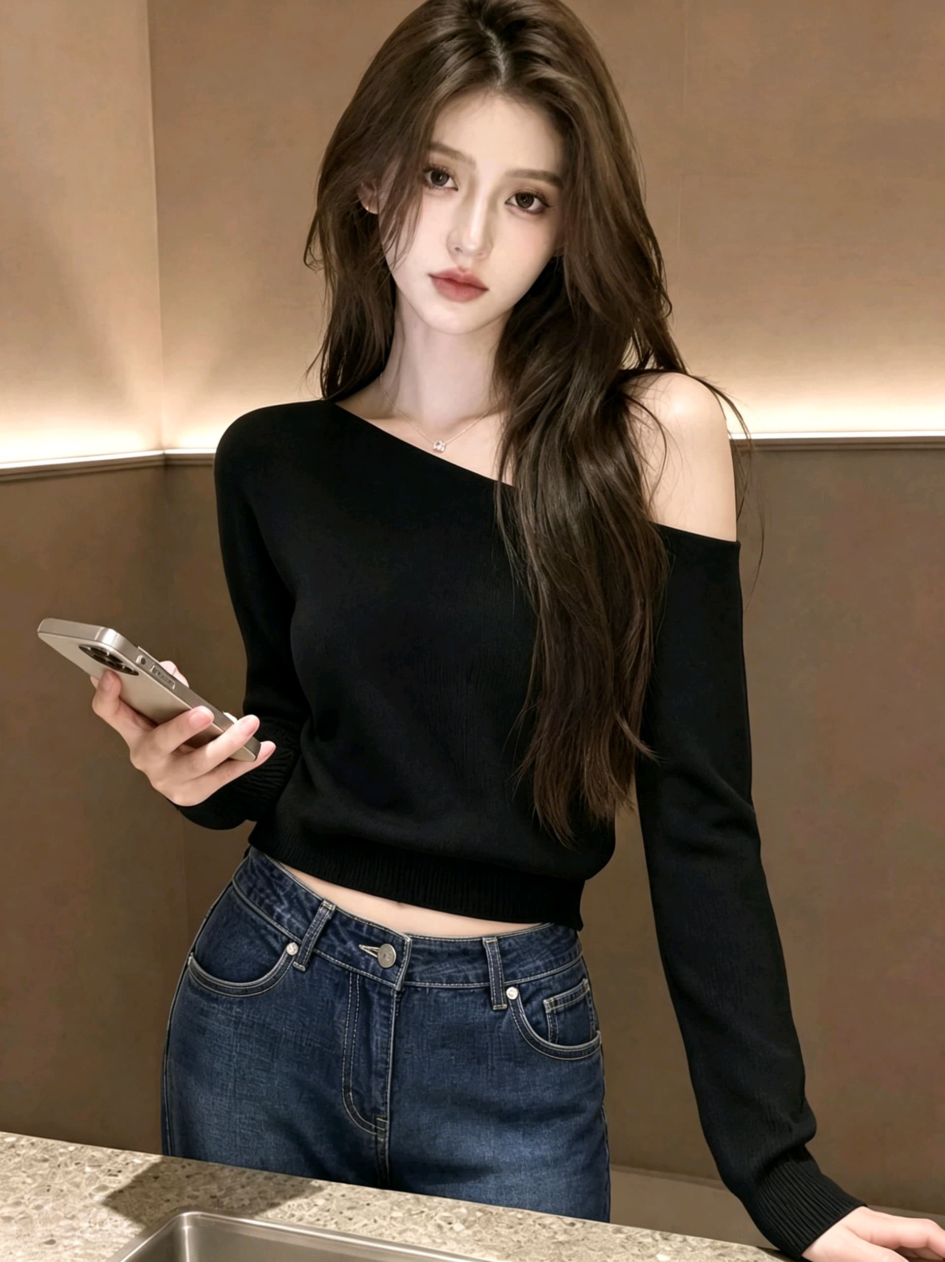 프랑스식 품격 세련된 디자인 센스 2026 가을 새로운 고유 한 자이언트 잘 생긴 검정색 비스듬한 어깨 긴팔 맨위 여성 의류 이미지 2