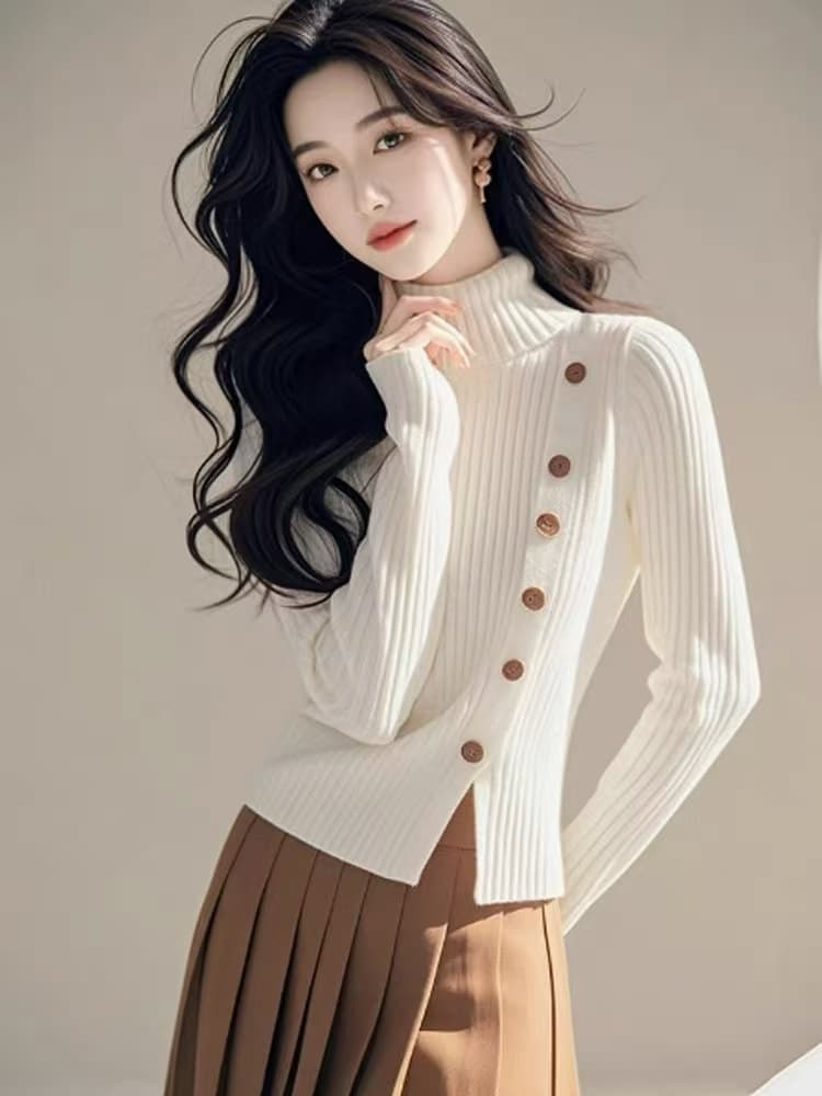 한 부서 chic 화이트 우유 fufu 터틀넥 작은 트임 니트 스웨터 여자 가을 겨울철 패션 작은 대중 Chic 맨위 이미지 2