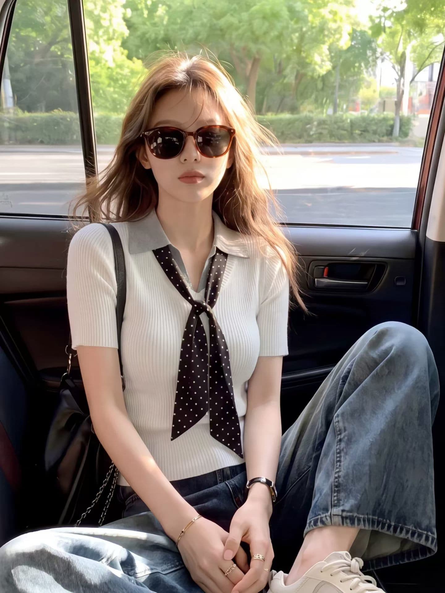 한국 스타일 스카프 레이스업 폴로 칼라 반팔 티셔츠 여성 여름 부드러운 품격 연령 감소 화이트 니트 POLO 셔츠 맨위 상세 이미지 1