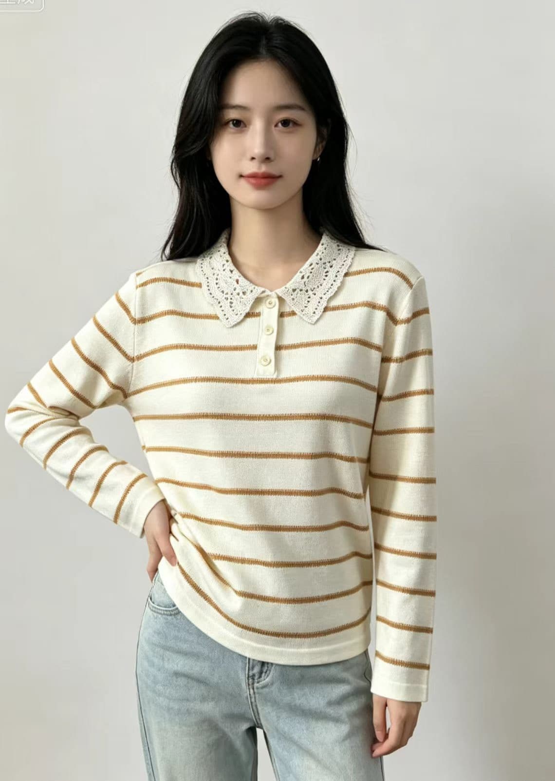 2026 가을 새로운 한 부서 루즈핏 슬림해 보이는 폴로 칼라 스트라이프 얇은 양모 니트 여성 다용도 맨위 상세 이미지 2