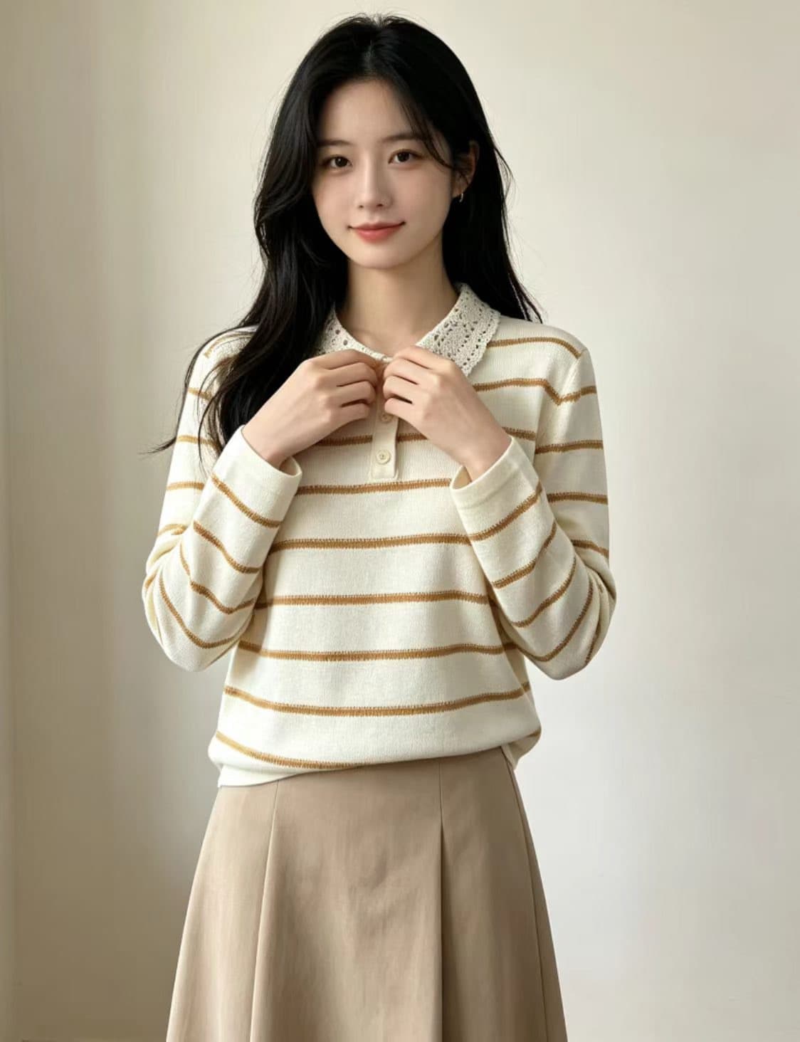 2026 가을 새로운 한 부서 루즈핏 슬림해 보이는 폴로 칼라 스트라이프 얇은 양모 니트 여성 다용도 맨위 상세 이미지 3