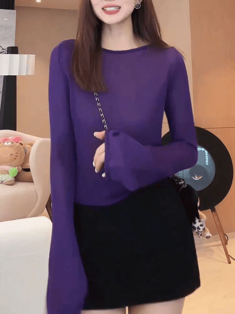 나팔 소매 볼륨 측면 길이 소매 짠 셔츠 여성 가을 느긋한 바람 스웨터 2026 새로운 파란색 고급 센스 루즈핏 맨위 상세 이미지 4