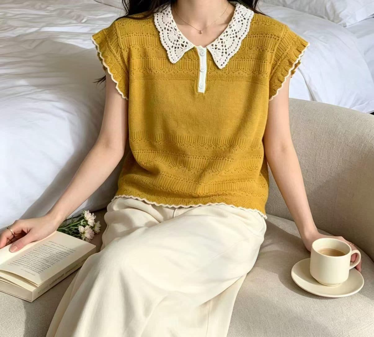 홀로우 아웃 Feifei 소매 짠 셔츠 여성 루즈핏 2026 새로운 한 부서 배색 반팔 맨위 상세 이미지 4