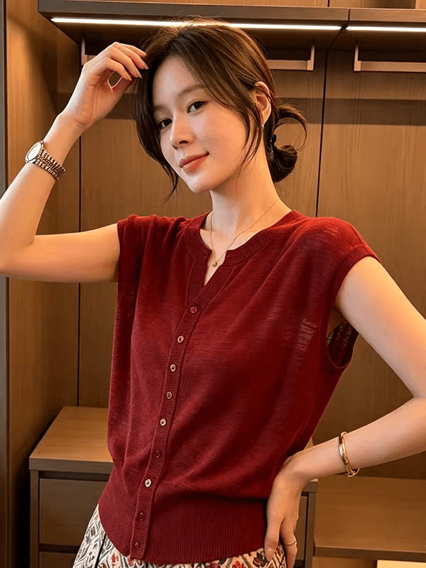 캐주얼 싱글 줄 버튼 단색 고급 반팔 맨위 니트 오픈 가디건 여성 2026 여름 프랑스식 연령 감소 프로 피부 편안함 이미지 2