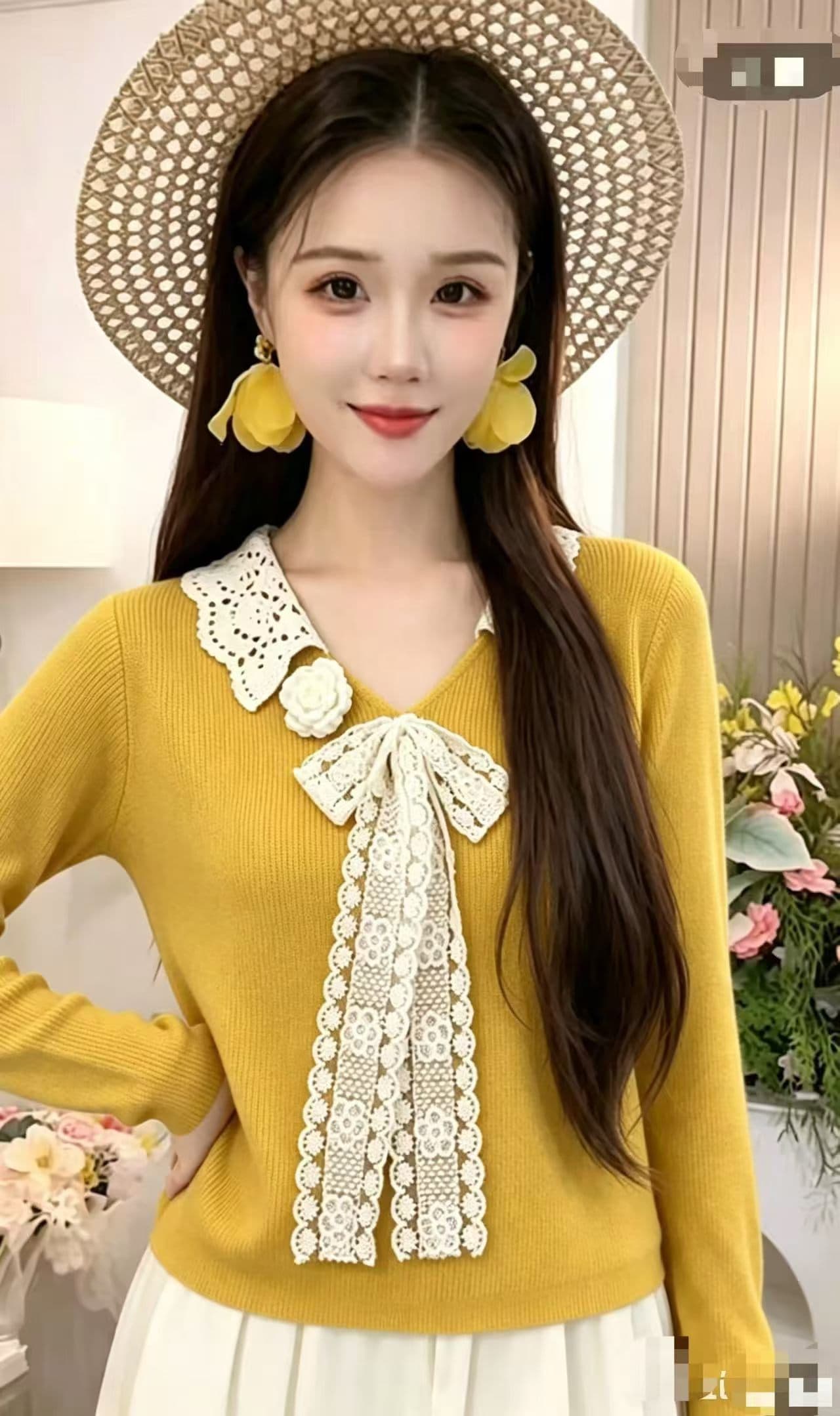 프랑스식 디자인 센스 레이스 나비 매듭 V넥 니트 스웨터 여성 가을 새로운 진한 파란색 고급 센스 출퇴근 맨위 상세 이미지 1