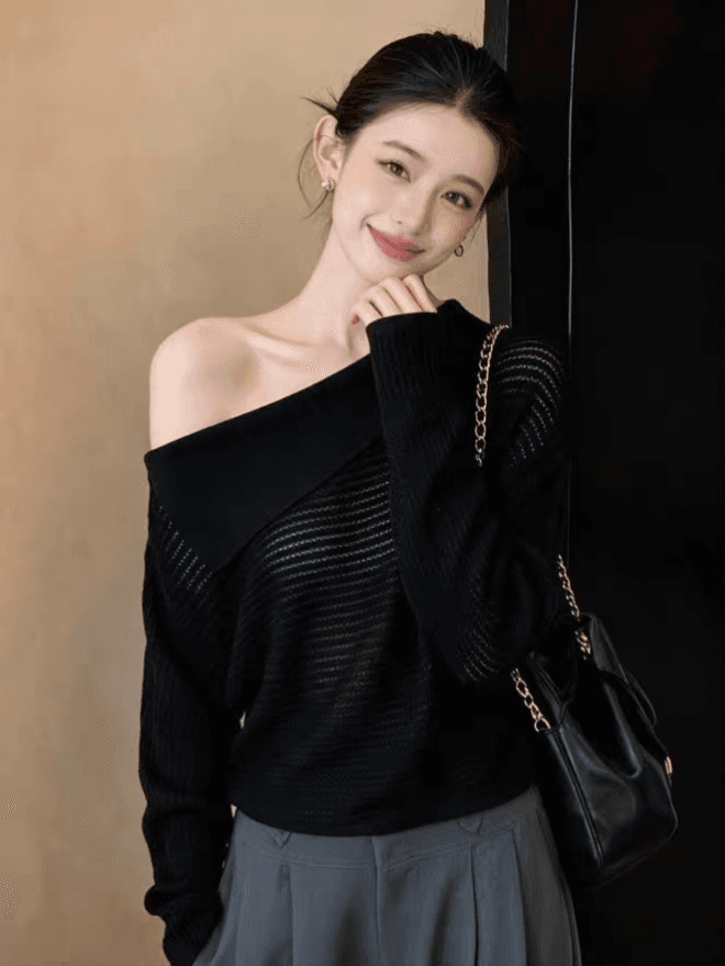 가을 새로운 오프숄더 폴로 칼라 긴팔 니트 스웨터 루즈핏 홀로우 아웃 슬림해 보이는 표지 고기 스웨터 이미지 3