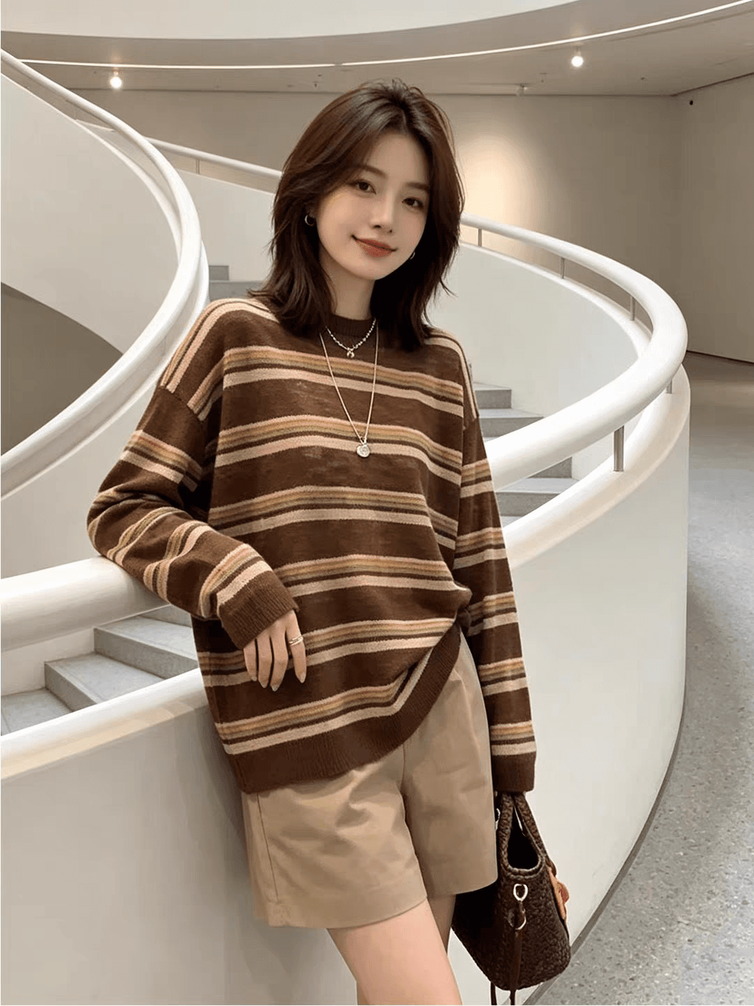 작은 대중 아름다움 라드. 스트라이프 얇은 스타일 라운드 넥 긴팔 자외선 차단 맨위 카키 색 다용도 하이웨이스트 반바지 투피스 세트 트렌디 상세 이미지 3