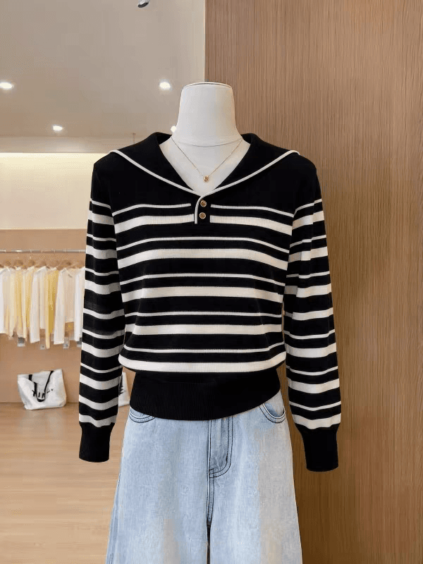 흑백 줄무늬 니트 스웨터 여성 조기 가을 새로운 해군 칼라 인사이드 가져 가라. 스웨터 기본 셔츠 맨위 디자인 센스 작은 대중 상세 이미지 1