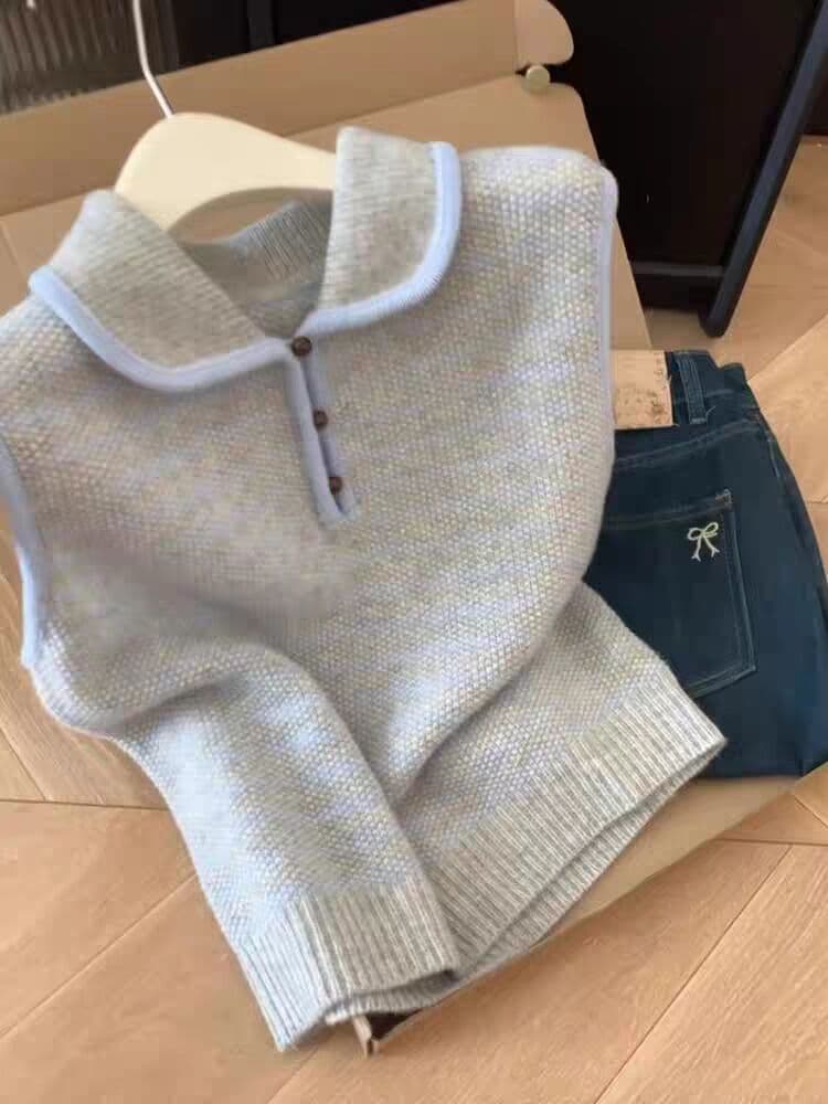 스트라이프 POLO 칼라 베스트 니트 민소매 어깨 인사이드 잡아라. 의류 조끼 여성 외부 가져 가라. 스택 착용 세련된 외국 가스 가을 이미지 2