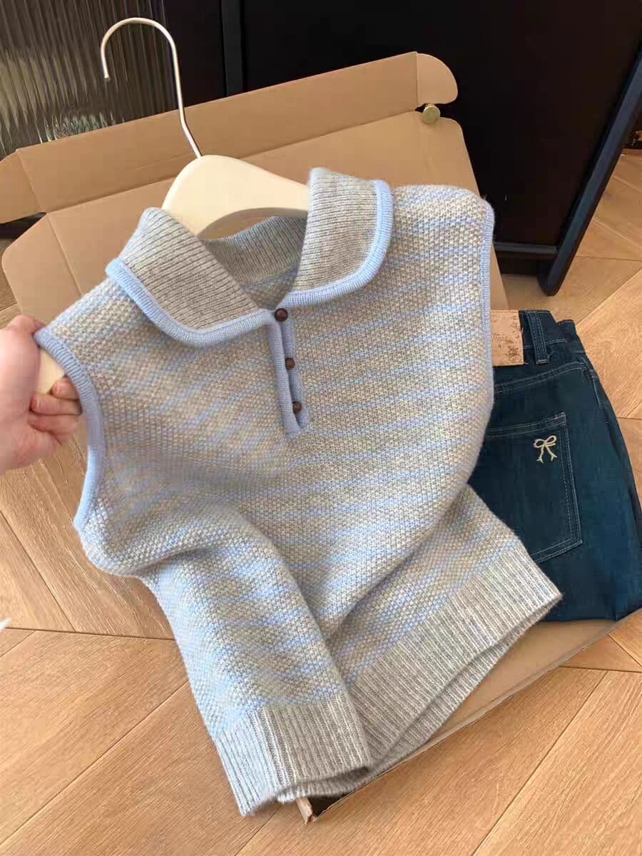 스트라이프 POLO 칼라 베스트 니트 민소매 어깨 인사이드 잡아라. 의류 조끼 여성 외부 가져 가라. 스택 착용 세련된 외국 가스 가을 상세 이미지 1
