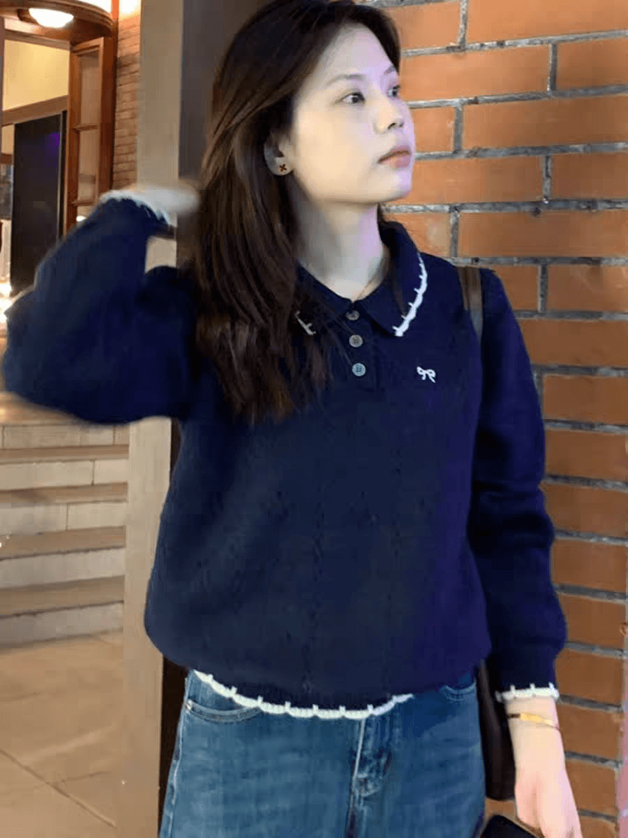 폴로 칼라 홀로우 아웃 자수 긴팔 니트 스웨터 스웨터 여자 2026 새로운 배색 작은 키 맨위 이미지 3