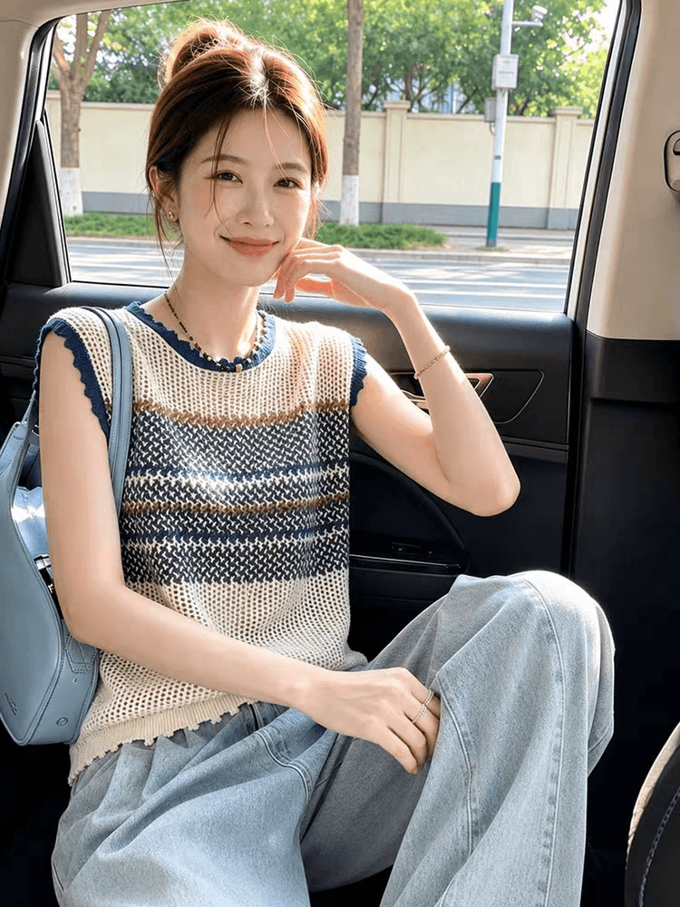2026 여름 프랑스식 배색 스트라이프 니트 조끼 여성 여름 얇은 스타일 홀로우 아웃 민소매 맨위 패션 연령 감소 인사이드 가져 가라. 이미지 2