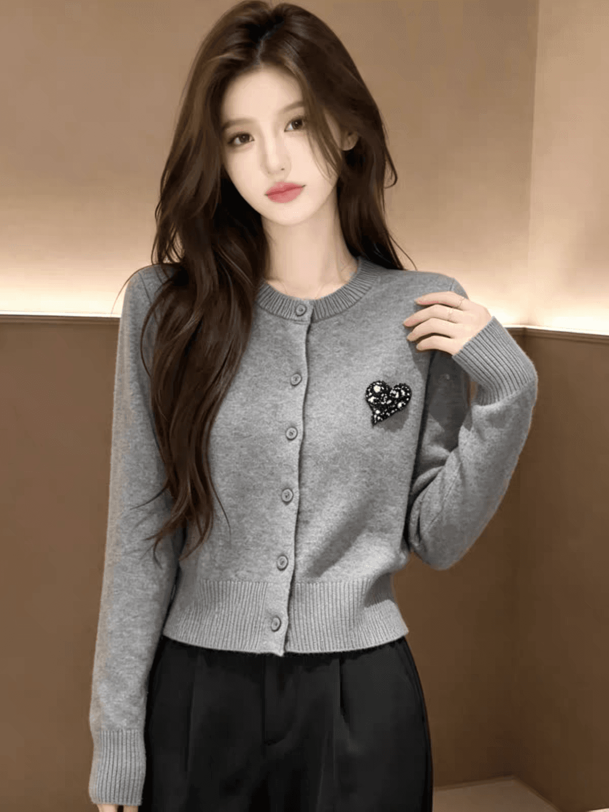 양모 산양 캐시미어 가을 겨울 새로운 무거운 작업 하트 못 훈련 높음 질감 니트 스웨터 스웨터 오픈 가디건 여성 코트 이미지 2