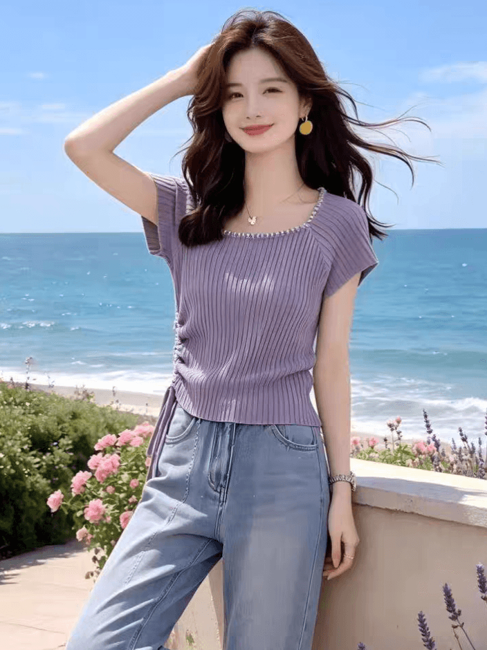 보라색 u 칼라 비즈 박기 반팔 니트 티셔츠 여성 여름 새로운 한 부서 디자인 펌프 로프 허리 수축 슬림해 보이는 맨위 상세 이미지 2
