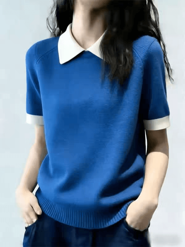2026 년 한 부서 페이크 레이어드 배색 POLO 칼라 반팔 니트 스웨터 여름 새로운 파란색 슬림해 보이는 다용도 맨위 상세 이미지 1