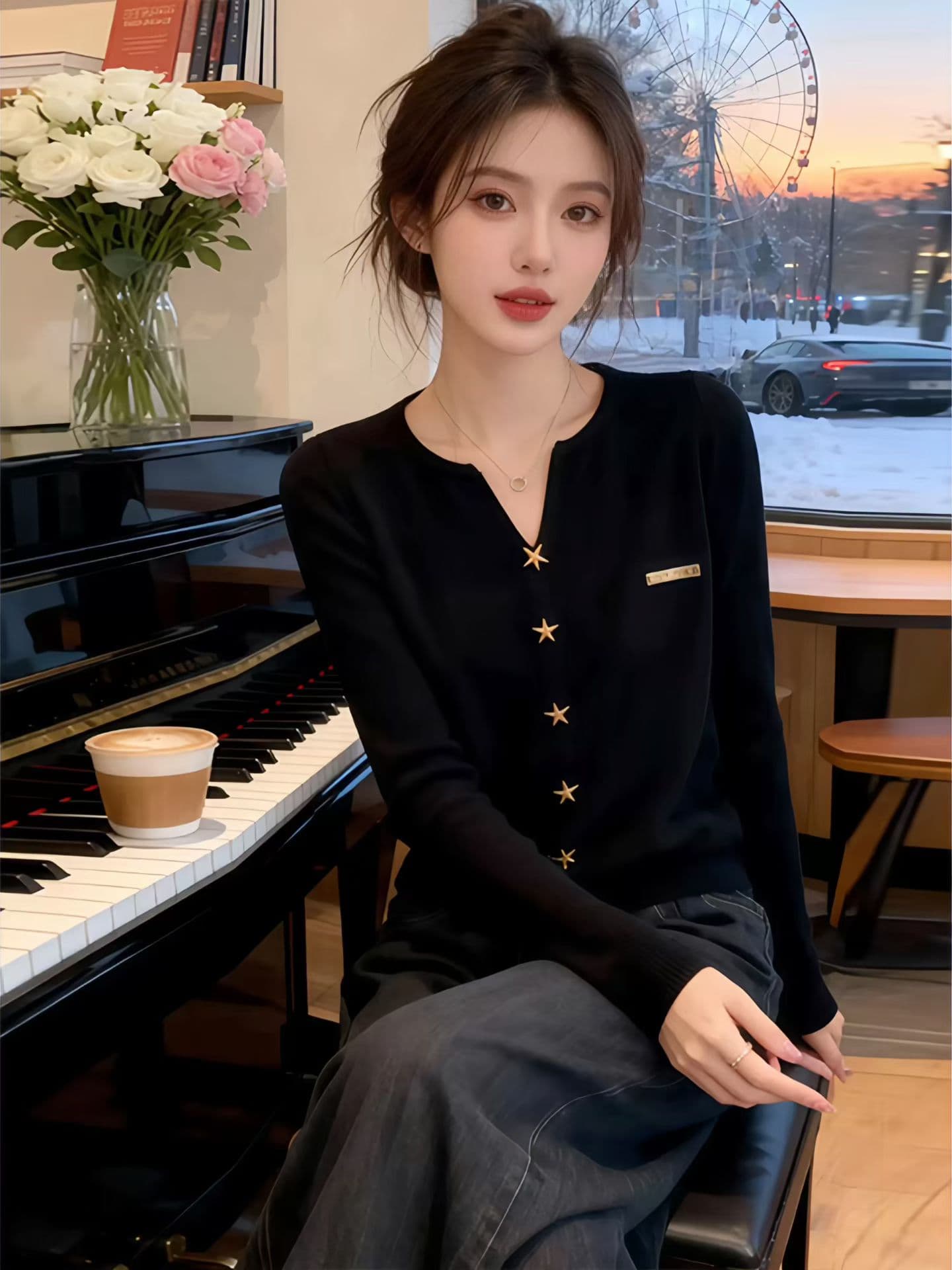 빨간색 V넥 별 버클 부드러운 찹쌀 니트 오픈 가디건 여성 가을 품격 연령 감소 루즈핏 슬림해 보이는 표지 배 빅 사이즈 맨위 상세 이미지 3