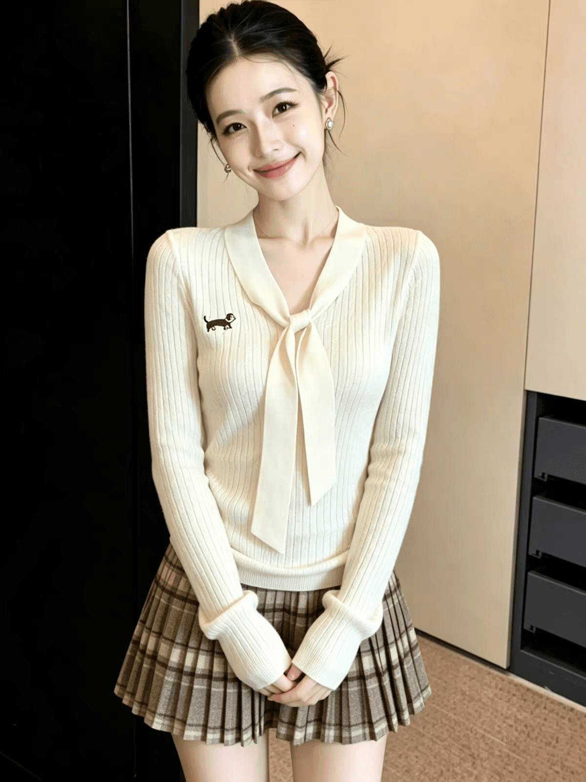 miu 부서 오래된 돈 바람 꽈배기 자수 V넥 긴팔 니트 스웨터 여성 가을 앤디 플러시 인사이드 가져 가라. 예쁜 스웨터 맨위 상세 이미지 2