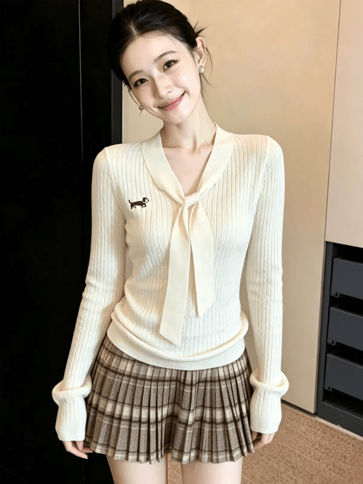 miu 부서 오래된 돈 바람 꽈배기 자수 V넥 긴팔 니트 스웨터 여성 가을 앤디 플러시 인사이드 가져 가라. 예쁜 스웨터 맨위 상세 이미지 1
