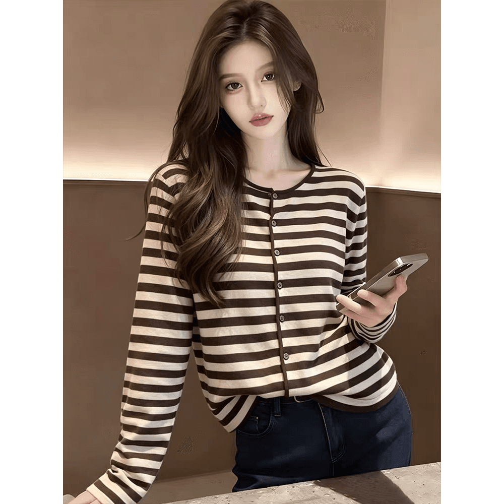 페이크 레이어드 스트라이프 폴로 칼라 니트 오픈 가디건 긴팔 티셔츠 여성 가을 디자인 센스 루즈핏 품격 기본 셔츠 맨위 이미지 5