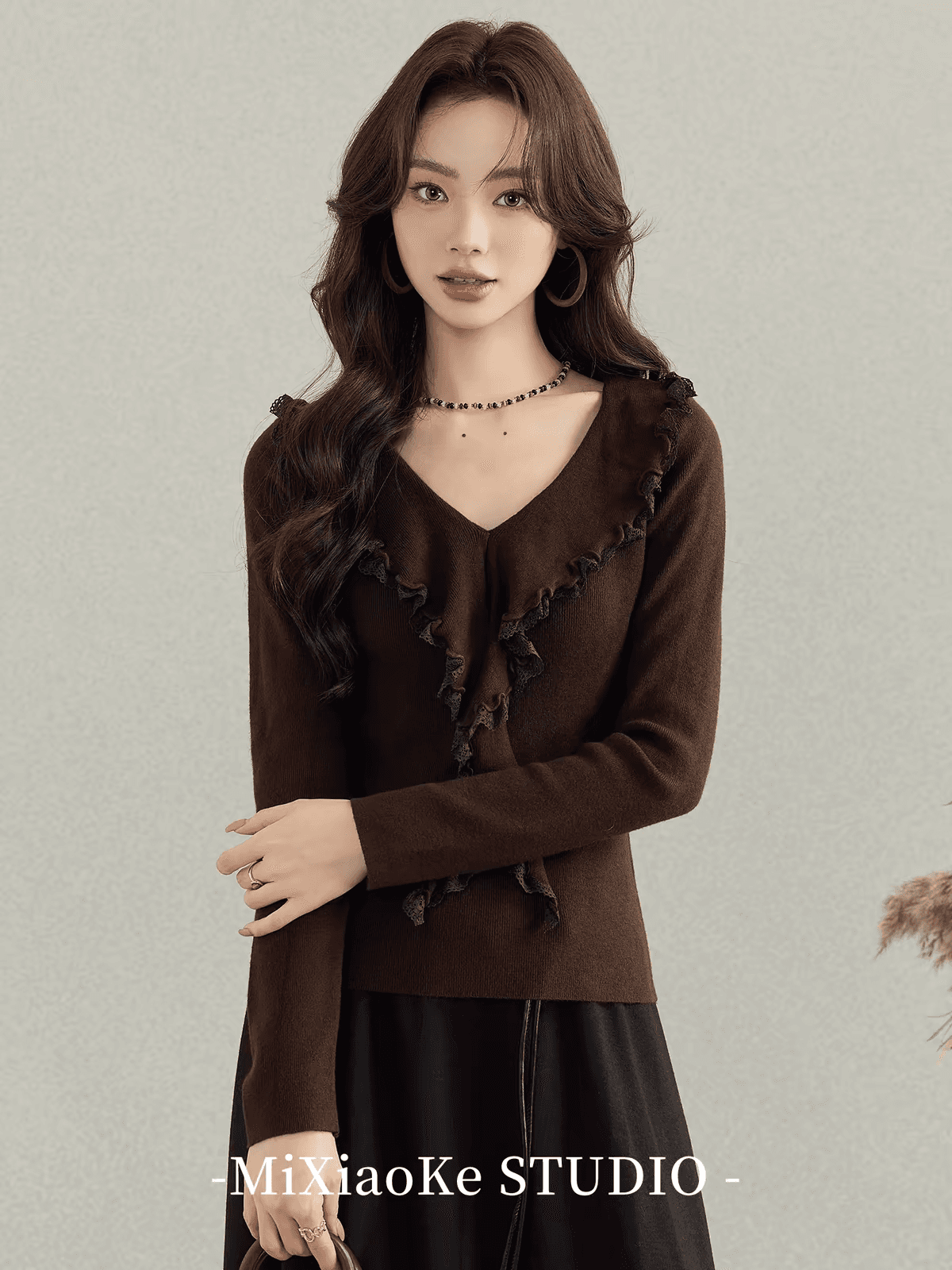 수 있습니다. 아름다움 라드. 착용 가져 가라. 커피 색상 프릴 V넥 니트 스웨터 여성 가을 겨울철 작은 키 인사이드 잡아라. 의류 상세 이미지 2