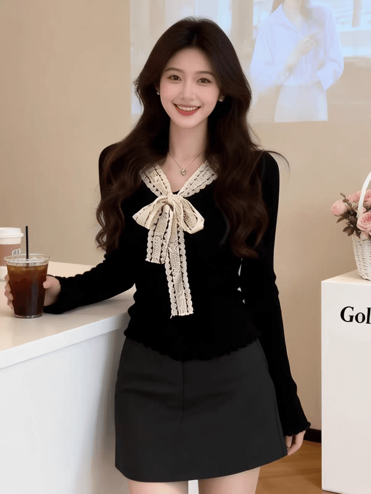 빛 요리 한 코치 레이스 나비 매듭 디자인 센스 V넥 부드러운 찹쌀 니트 스웨터 인사이드 가져 가라. 기본 셔츠 가을 겨울 여성 셔츠 이미지 2