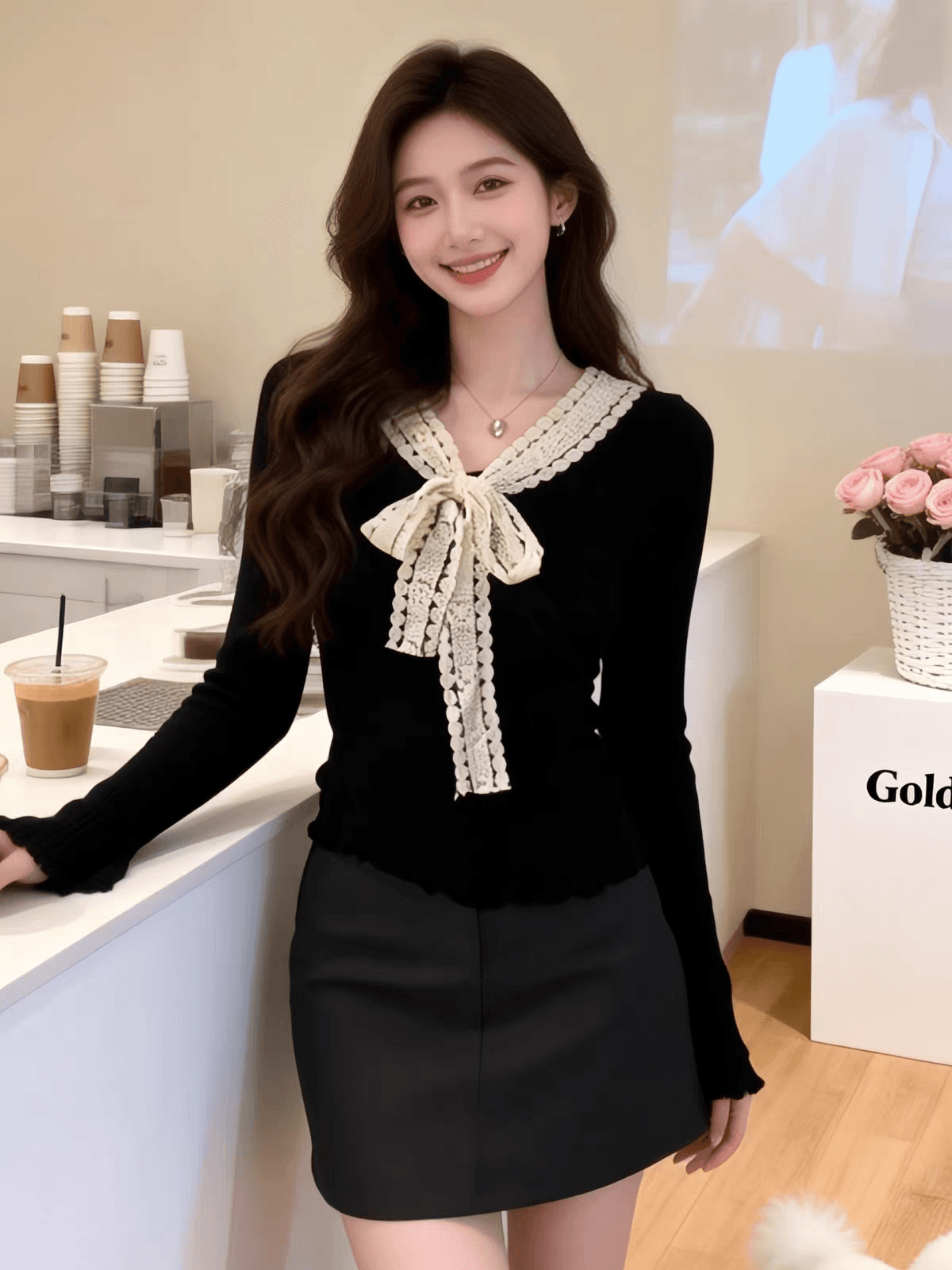 빛 요리 한 코치 레이스 나비 매듭 디자인 센스 V넥 부드러운 찹쌀 니트 스웨터 인사이드 가져 가라. 기본 셔츠 가을 겨울 여성 셔츠 이미지 3