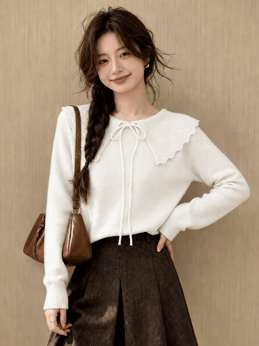 한 부서 패션 빅 칼라 긴팔 니트 스웨터 여성 봄 가을 새로운 Chic 잘 생긴 나비 넥타이 외출용 스웨터 이미지 3